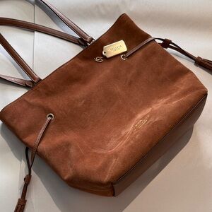 Coach Chestnut Suede Tote with Leather Trim and Gold Plaque